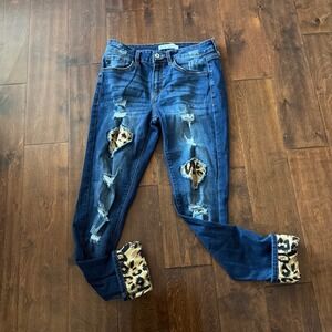 Kancan Womens Distressed Leopard Print Patch Skinny Jeans KC8191D Blue Size 7/27